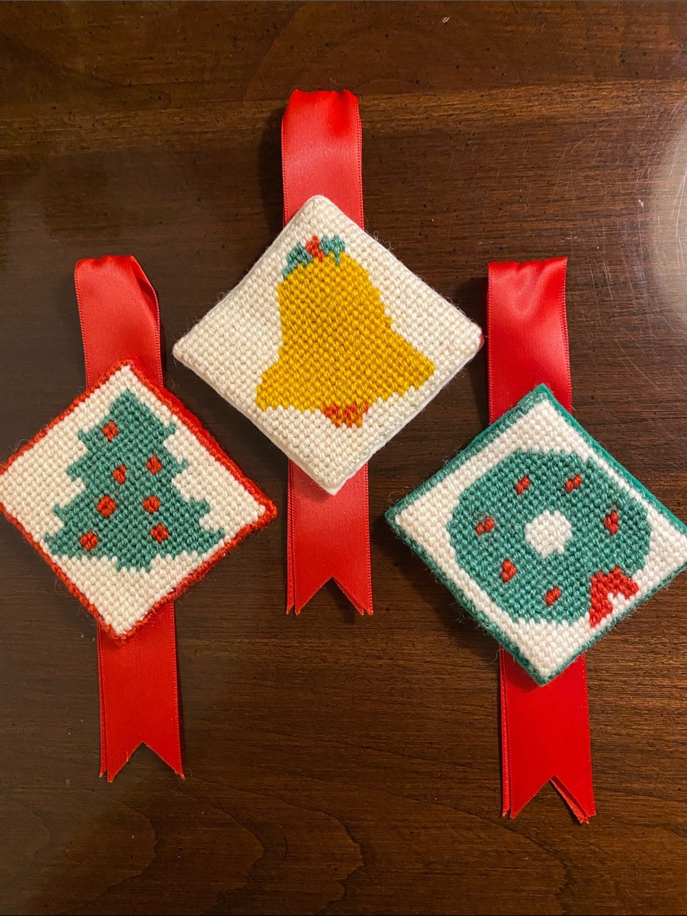 22 Handmade Felt & Needlepoint Christmas Ornaments • Crochet Snowflakes • 1971 - Picture 3 of 17